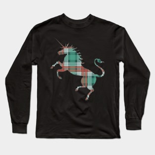 Scottish Christmas Coloured Tartan Rearing Unicorn Silhouette Long Sleeve T-Shirt